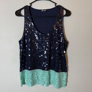 J. Crew Sequin Tank Top Navy Blue Mint Green Party Sparkly Size‎ Medium